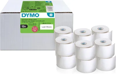 Produktbild von DYMO Original LabelWriter Etiketten für kleine Namensschilder | 41 mm x 89 mm | 12 Rollen mit je 300 leicht ablösbaren Etiketten (3.600 Stück) | für LabelWriter Beschriftungsgerät, Weiß, Selbstklebendes Druckeretikett, 4,1 cm, 8,9 cm, 3600 Stück(e), 300 Stück(e)