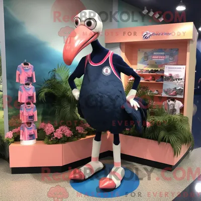 Produktbild von Maskottchen REDBROKOLY eines marineblauen Flamingos mit Tanktop und Schuhclips