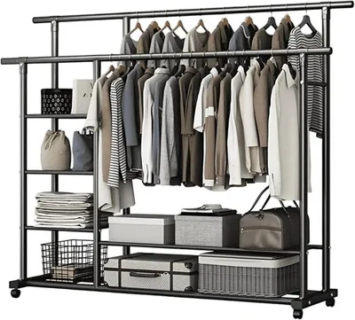 Imagen del producto de Perchero, soporte para ropa con ruedas, perchero con ruedas, estantería de almacenamiento de seis niveles con dos barras para colgar, perchero resistente, perchero con ruedas ()