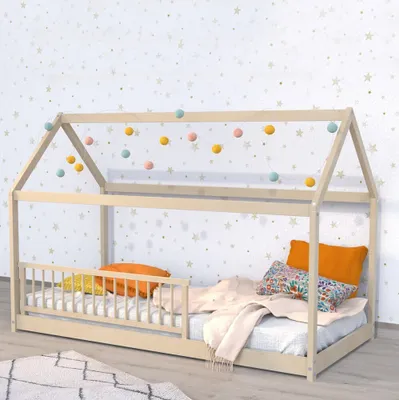 Produktbild von Hausbett PANDA mit Lattenrost undGitter/ Kinderbett 90x190 cm - Naturfarben