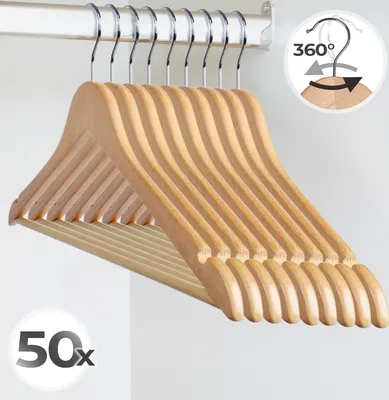 Produktbild von Jago® Bügel aus Holz -  im 50er, inkl. Hosensteg und Schlaufenkerben, Haken 360 Grad drehbar - Kleiderbügel, Holzkleiderbügel, Garderobenbügel, Wäschebügel