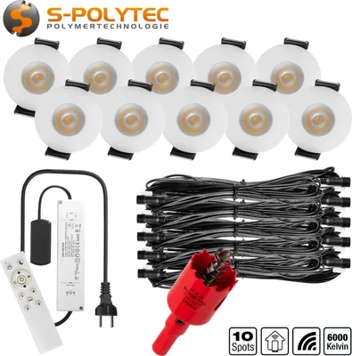 Produktbild von S-Polylight PREMIUM Mini LED- Einbauspots Kaltweiß 6.000K, Smart, Smarthome, App, Alexa, DIMMBAR, IP65, FUNK 3W LED Einbaustrahler Terrassenüberdachung, Terrassenbeleuchtung, Bad, Sauna, LED Spots mit Fernbedienung (WEISS, 10x SMARTHOME LED-SET)