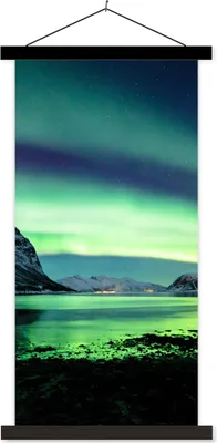 Produktbild von MuchoWow® Textilposter Nordlicht - Norwegen - Eis - Gelb - Berg - Wasser - Schnee 60x120 cm mit schwarzem Rahmen - Magnete