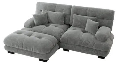 Imagen del producto de Sofá modular de esquina en tela de chenilla gris, con otomana y cojines