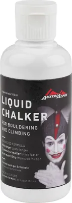 Flasche mit flüssigem Chalk von Austri Alpin; geeignet für Bouldern und Klettern; mit einem Clown-Motiv auf dem Etikett.