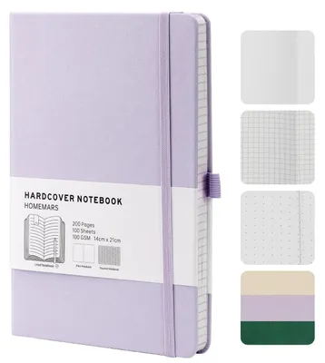 Image de Cahier A5, format pointillé, couverture rigide en simili cuir violet, dimensions 21x14,5 cm, 200 pages, grammage 100 GSM