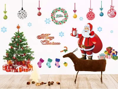 Produktbild von Wandaufkleber zur Dekoration: Weihnachtsmann, Weihnachtsbaum und Weihnachtskugeln