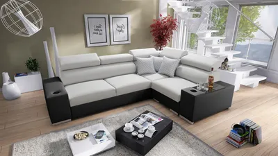 Produktbild von Ecksofa mit Schlaffunktion Eckcouch PERS II (Grau SAWANA 84 + schwarzes Kunstleder, Rechts)