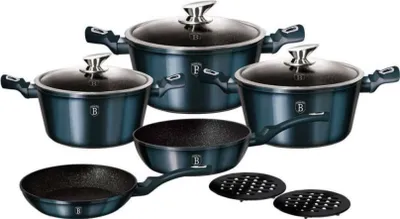 A set of cookware and frying pans arranged on a white background.