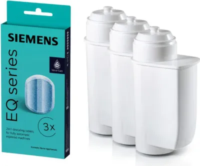 A product shot of Siemens water filters and descaling tablets.