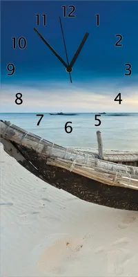 Produktbild von Wallario Design Wanduhr Fischerboot am Strand mit Sonnenuntergang aus Echtglas, Größe 30 x 60 cm