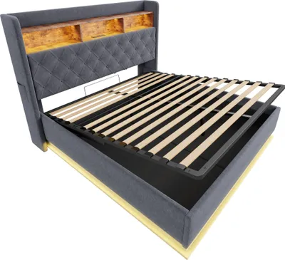Obrázek produktu pro okwish LED čalouněná postel 180 x 200 cm, čalouněná postel s úložným prostorem a USB nabíjecím portem, hydraulický úložný prostor, příjemný lněný materiál, šedá, bez matrace