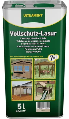 Produktbild von Ultrament Vollschutz-Lasur 7-in-1, Farblos, 5 Liter - Feuchtschutz, UV-Schutz & Nano-Technologie - ideal für Gartenhäuser, Fassaden & mehr. Geballter Schutz für Holz im Außenbereich.