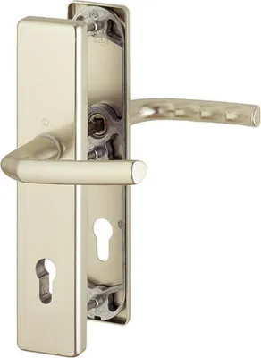 A close-up view of a door handle set with a keyhole.