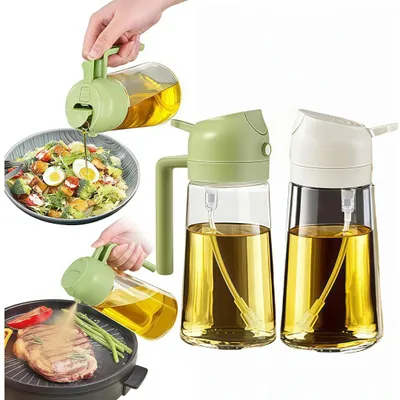 Produktbild von 2er set Ölsprüher 500ML, 2-in-1-Mehrzweck, Ölsprüherflasche, Glasölflasche, Speiseölspray, geeignet für Kochen, Grillen, Backen, Heißluftfritteuse