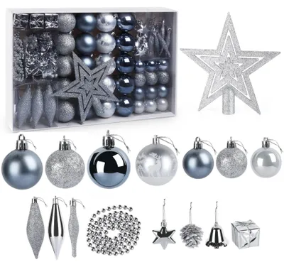 Produktbild von Weihnachtskugeln 73er Set Weihnachtsdeko Kugeln Silber Glänzend Matt Glitzernd Christbaumschmuck mit Baumspitze Gemalte Kugel Stern Deko Kiefernzapfen