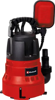 A red and black submersible pump with a float switch, shown against a white background.