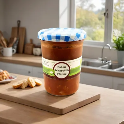Produktbild von Puten-Schaschlik-Pfanne im Glas – Biometzgerei Merkl – Fertiggericht mitPutenfleisch