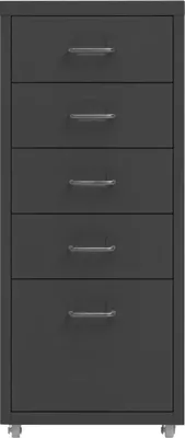 A dark gray metal filing cabinet with five drawers and silver handles, shown from the front on a light gray background. The cabinet has small wheels at the bottom.