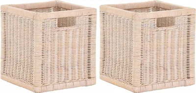 Produktbild von KRINES HOME Stabiles Set / 2 Regalkorb mit Holzrahmen Schubfach aus echtem Rattan / Schübe Box zur Aufbewahrung Regalkorb Schrankkorb Griff (Toast Weiss, Set 28x29x30)