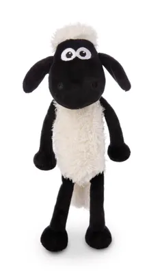 A plush toy sheep standing against a white background.