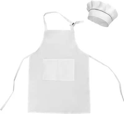 Produktbild von Verstellbare Schürze und Kochmütze, Größe L – weiß, 2 Taschen, zum Kochen/Backen/Basteln – für Kinder von 7 bis 13 Jahren