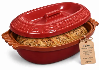 Produktbild von KERAZO 5 Liter ovale Brotbackform mit Deckel aus Steingut, 41x27x13 cm, Bräter, Auflaufform, Gratinform, Schmortopf, Brottopf, rot