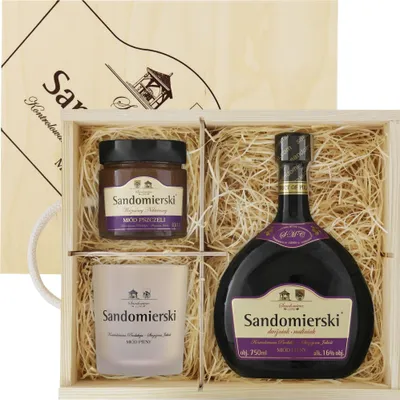 Produktbild von Sandomierski Met Dwójniak Maliniak-Halber Himbeere Geschenkset in Holzbox mit Becher und Heidehonig | Honigwein 750ml | 16% Alkohol Metwein | Polnische Produktion