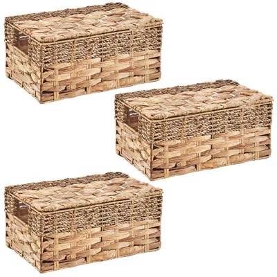 Produktbild von Kobolo Aufbewahrungskorb MALINA 3er Set mit Deckel - 30x20x14 cm | Flechtkorb Regalkorb Körbchen Korb Körbe Regalboxen