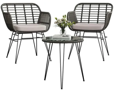 Produktbild von 3-teiliges Outdoor Rattan Bistro Set - Balkon Gartenmöbelset - 2 Stühle & Glastisch - wetterfestes PE Rattan - Metallgestell - grau