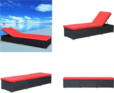 A collage of images showing a black rattan sun lounger with red cushions, displayed in different configurations and settings.