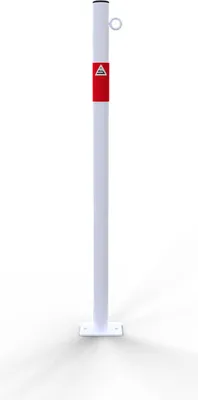 Produktbild von Schake Absperrpfosten aus Stahlrohr verzinkt Ø42x2,5mm weiß mit rot reflektierenden Leuchtstreifen und aufgeschweißter Stahlkappe 900mm Überflur für Dübelbefestigung 100x150mm 1 Öse
