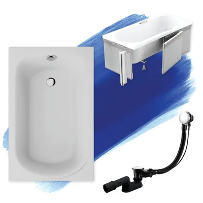 Zdjęcie produktu dla Wanna Akrylowa Zestaw 4w1 Prostokątna 100x65 Biała + Zabudowa Styropianowa, Nowoczesny Chrom Premium Syfon i Nogi (stelaż) w komplecie | BADLAND MINI