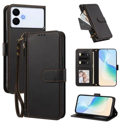 Image de Étui portefeuille pour Samsung Galaxy S26 Edge, en cuir PU, avec compartiments pour cartes, support et dragonne. Couleur : noir