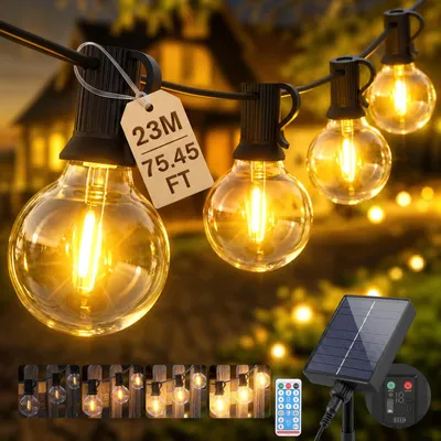 Produktbild von SALCAR Solar Lichterkette Außen, 23M LED Lichterkette Aussen Wasserfest 30+1 G40 Glühbirnen Dimmbar mit Fernbedienung 8 Modi Solarlichterkette Outdoor für Garten Balkon Terrasse Party, Warmweiß
