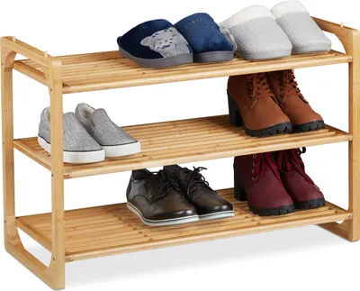 Produktbild von Relaxdays Schuhregal Bambus, stapelbares Schuhgestell mit 3 Ebenen, bis zu 9 Paar Schuhe, HBT: 50 x 75,5 x 33 cm, natur