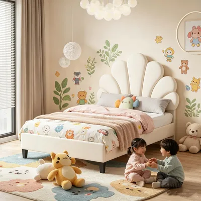 Produktbild von INONEFT Kinderbett 90x200cm, mit Blumenkopfteil, Mädchenbett mit Lattenrost, Einzelbett, Polsterbett, Jugendbett, kinder polsterbett, Samt, Beige