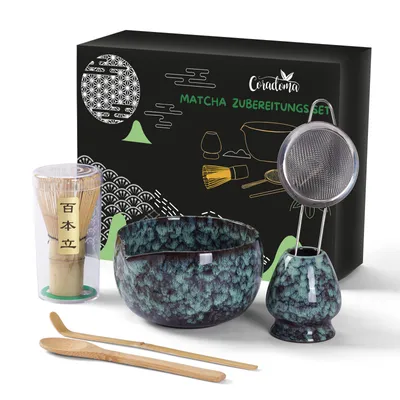 Produktbild von Matcha Tee Set 7-teilig – Japanisches Ceremonial Matcha Zubereitungsset | mit Bambus Chasen, Chashaku Löffel, Schale | Premium Geschenkset