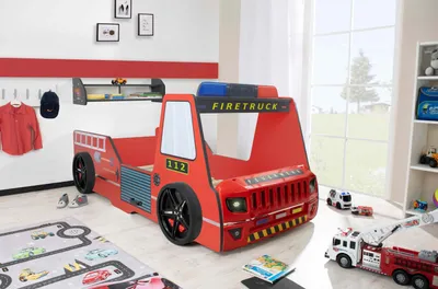 Produktbild von Autobett Kinder 90x200 cm Feuerwehrbett "Rio Firetruck" mit Wandregal