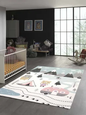 Produktbild von Kinderzimmer Teppich Bären Wohnwagen Blau Größe - 160 x 230 cm