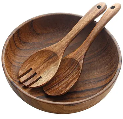 Produktbild von Akazienholz Salatschüssel mit Löffeln - Set von 3 Stück