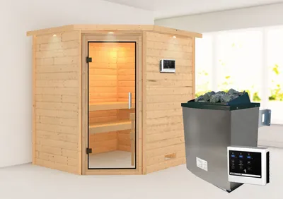 Produktbild von Karibu Sauna Innensauna Mia Eckeinstieg Ofen 9 KW externe Strg easy 224x184x202 cm mit Dachkranz mit Klarglastür