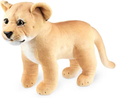 A stuffed toy lion cub standing on a white background.