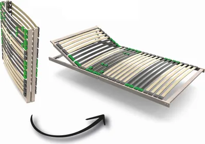 A folded and unfolded adjustable bed frame.