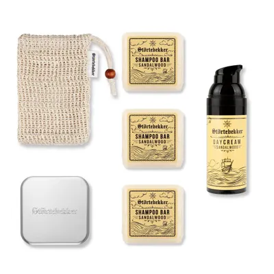 Produktbild von Störtebekker® Dusch Routine Set - 3 x festes Shampoo (Sandelholz), Sisalsäckchen, Seifendose & Tagescreme - für die tägliche Pflege