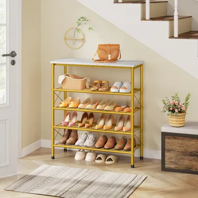 Immagine prodotto di Scaffale per scarpe a 5 ripiani, in metallo a rete, per 16-20 paia di scarpe, ideale per l'ingresso