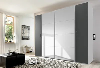 Produktbild von Dreh-/Schwebetürenschrank "Lotto" in WEISS + GRAPHIT mit 4 Türen und 10 Einlegeböden. Abmessungen (BxH) 316x210 cm