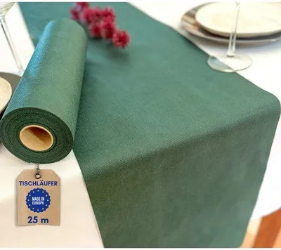 Produktbild von Non-woven Tischläufer dunkelgrün, 25 Meter x 30 cm, modern, auf Rollen, Eukalyptus-Design, Hochzeit, Taufe, Kommunion, Tischläufer.