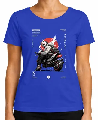 Obrázok produktu pre Cyberpunkové tričko s motívom motorky, mačky, japonského slnka, motíva "Japonsko", štýlu Y2K a animácie, dámske, modré, veľkosť 3XL
