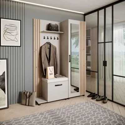 Image de Armoire LIVIA – Ensemble vestiaire avec miroir et cintres, cachemire, lamelles en chêne Artisan, coussin d'assise beige clair, gauche